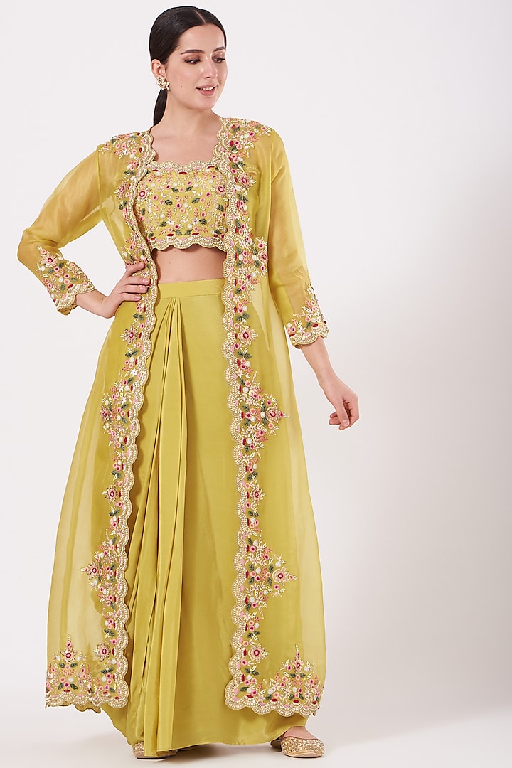 Yellow Hand Embroidered Cape Jacket Set by SURBHI SHAH
