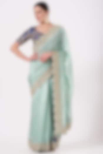 Powder Blue Hand Embroidered Wedding Saree Set by SURBHI SHAH at Pernia's Pop Up Shop