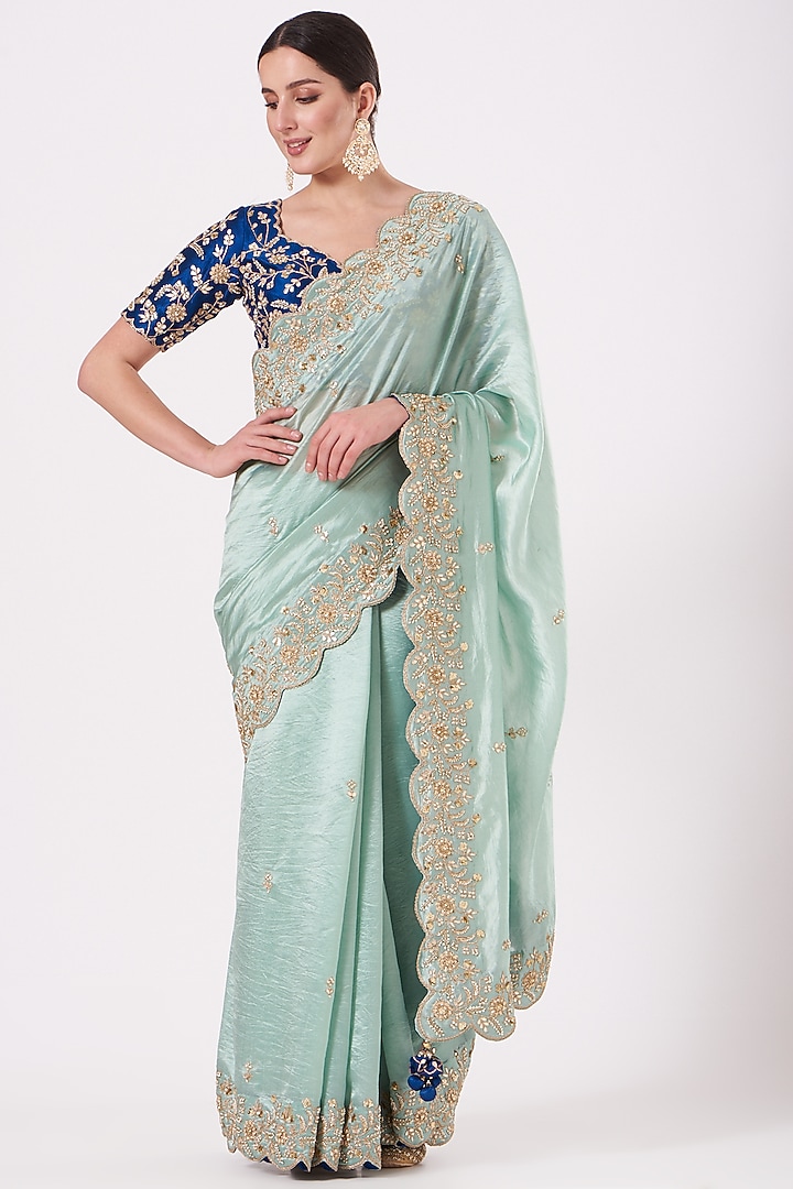 Powder Blue Hand Embroidered Wedding Saree Set by SURBHI SHAH at Pernia's Pop Up Shop
