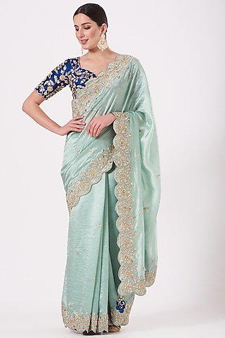 Powder Blue Hand Embroidered Saree Set by SURBHI SHAH