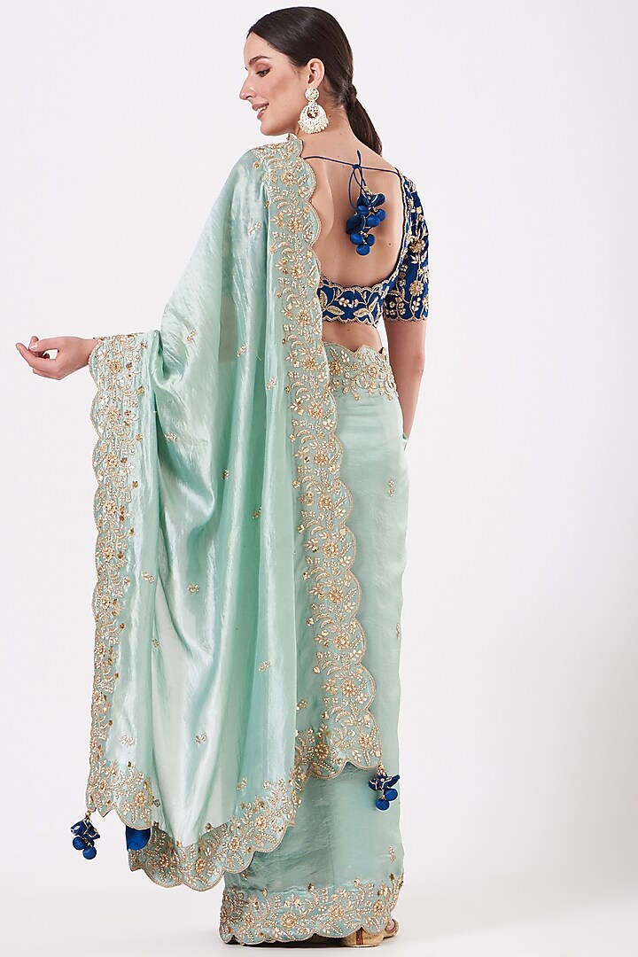 Powder Blue Hand Embroidered Wedding Saree Set by SURBHI SHAH at Pernia's Pop Up Shop