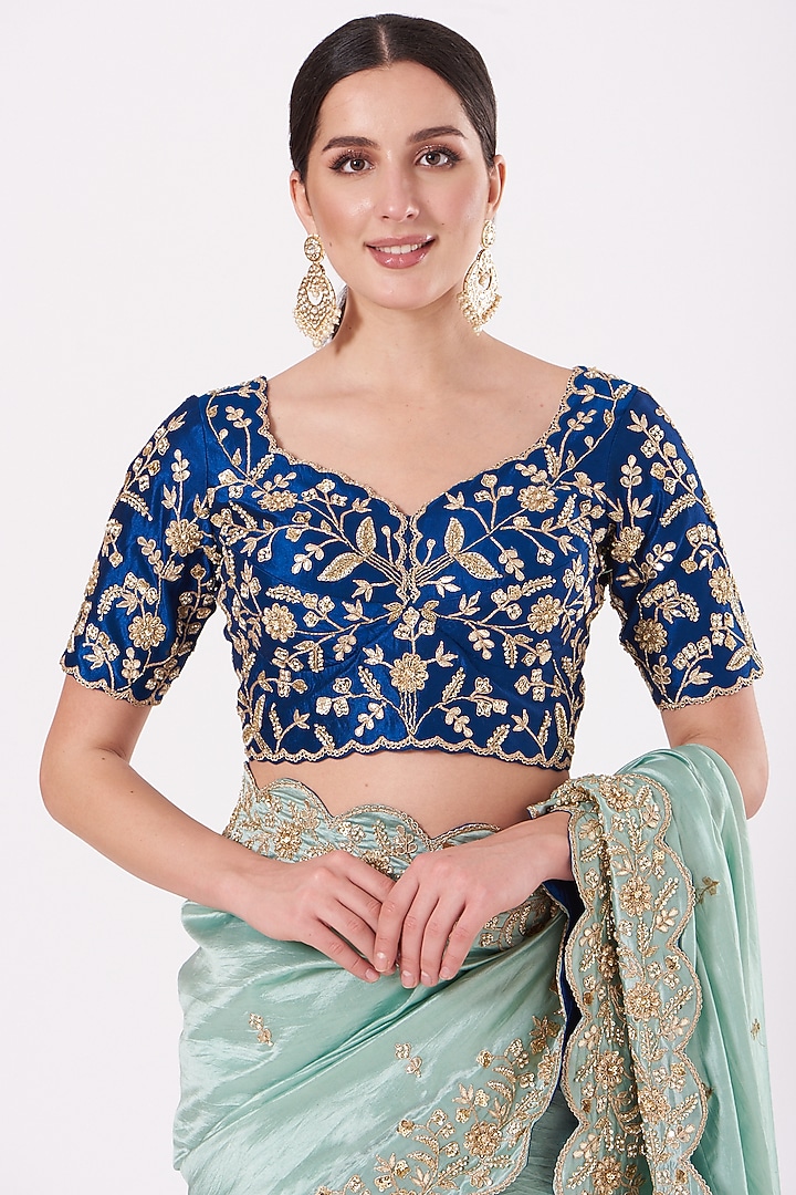 Powder Blue Hand Embroidered Wedding Saree Set by SURBHI SHAH at Pernia's Pop Up Shop