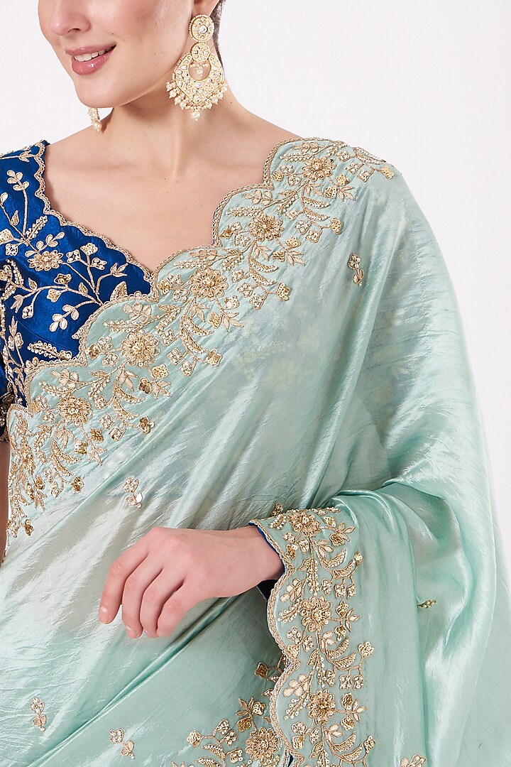 Powder Blue Hand Embroidered Wedding Saree Set by SURBHI SHAH at Pernia's Pop Up Shop