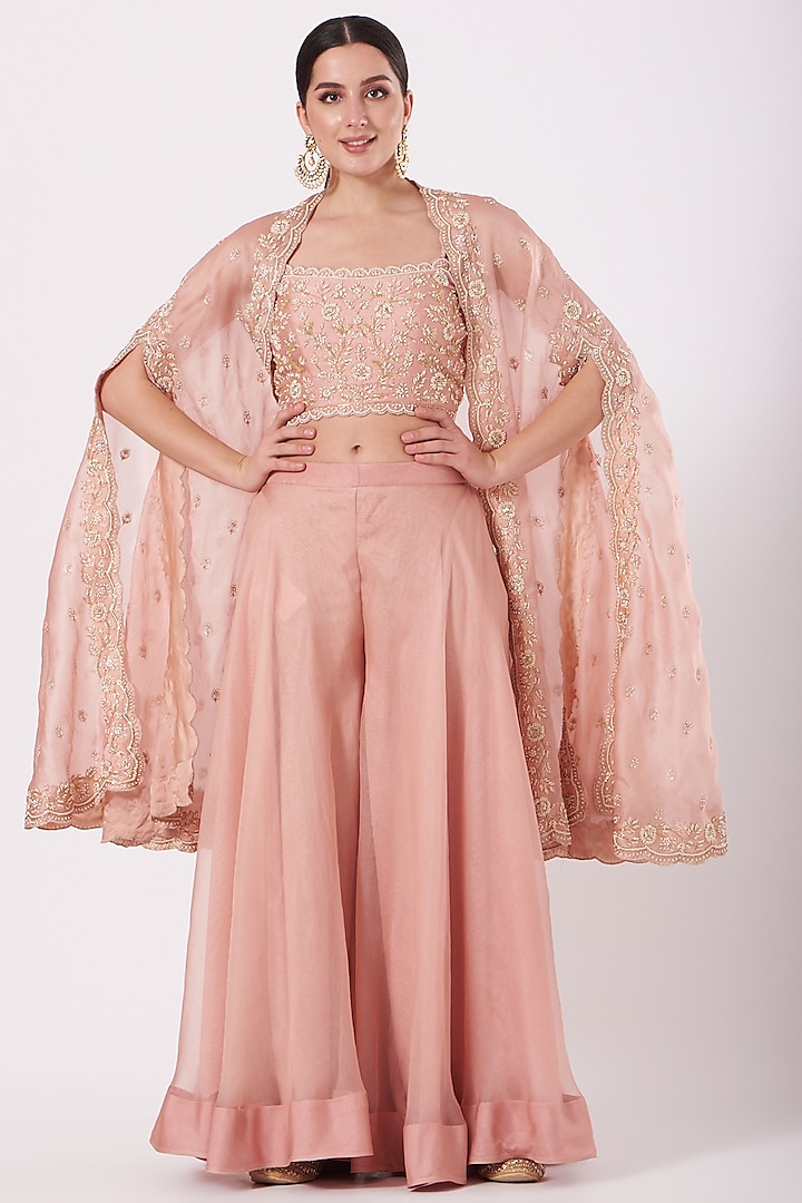 Rose Gold Hand Embroidered Cape Jacket Set by SURBHI SHAH