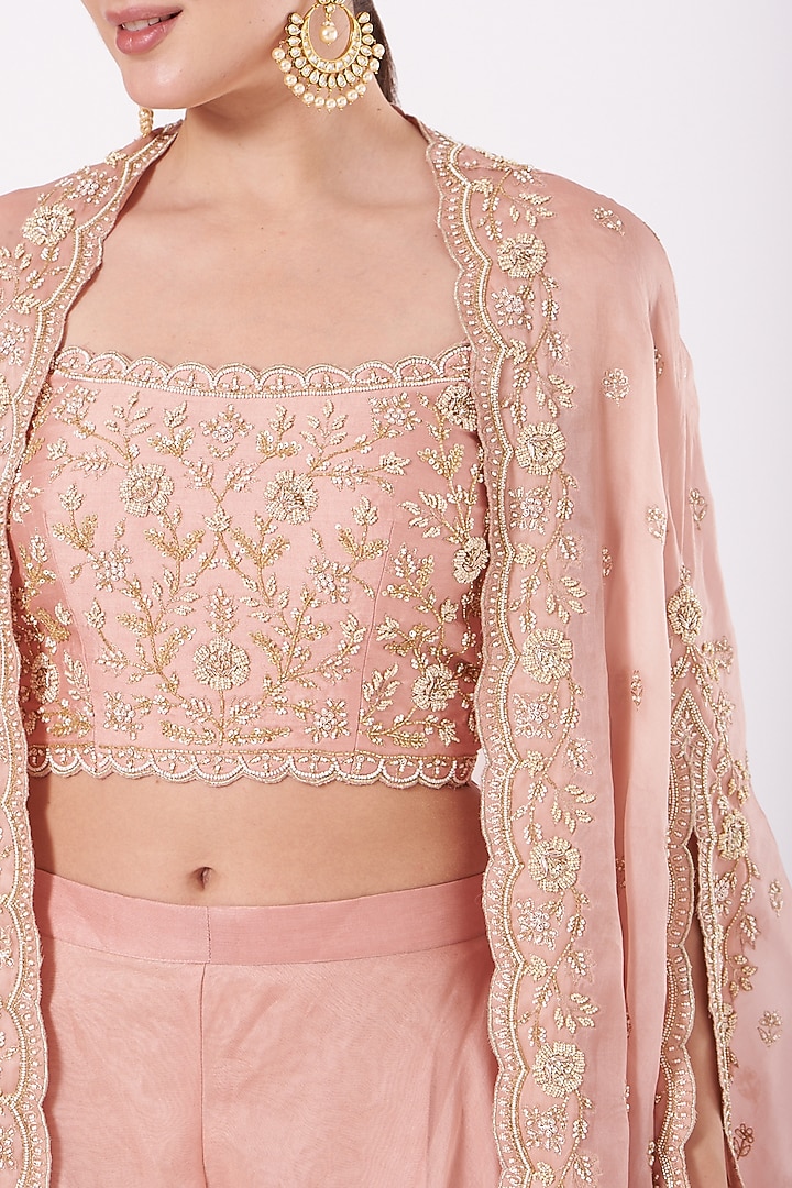 Rose Gold Hand Embroidered Cape Jacket Set by SURBHI SHAH at Pernia's Pop Up Shop