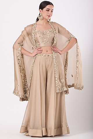 Ivory Hand Embroidered Cape Jacket Set by SURBHI SHAH