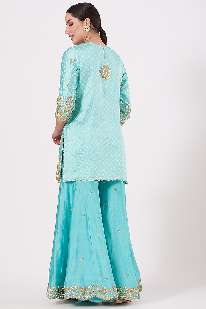 Blue Pure Spun Silk Wedding Sharara Set by SURBHI SHAH at Pernia's Pop Up Shop