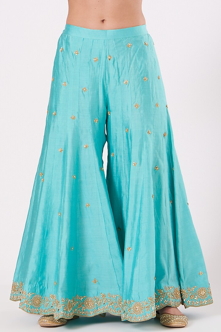 Blue Pure Spun Silk Wedding Sharara Set by SURBHI SHAH at Pernia's Pop Up Shop