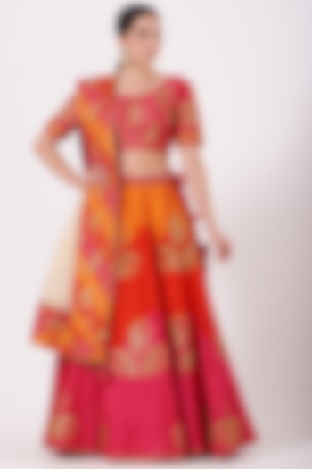 Orange & Pink Hand Embroidered Wedding Lehenga Set by SURBHI SHAH at Pernia's Pop Up Shop
