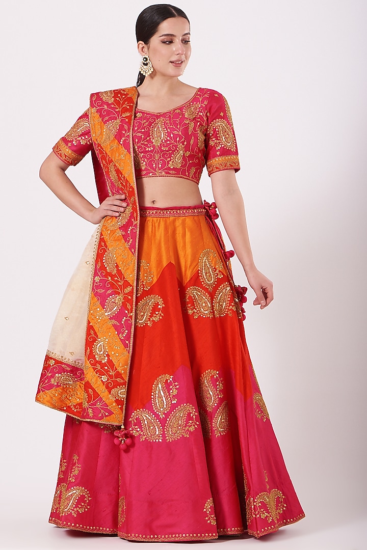 Orange & Pink Hand Embroidered Wedding Lehenga Set by SURBHI SHAH at Pernia's Pop Up Shop