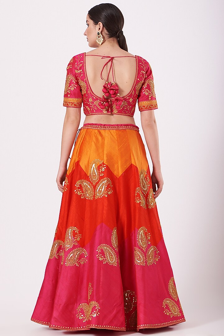 Orange & Pink Hand Embroidered Wedding Lehenga Set by SURBHI SHAH at Pernia's Pop Up Shop