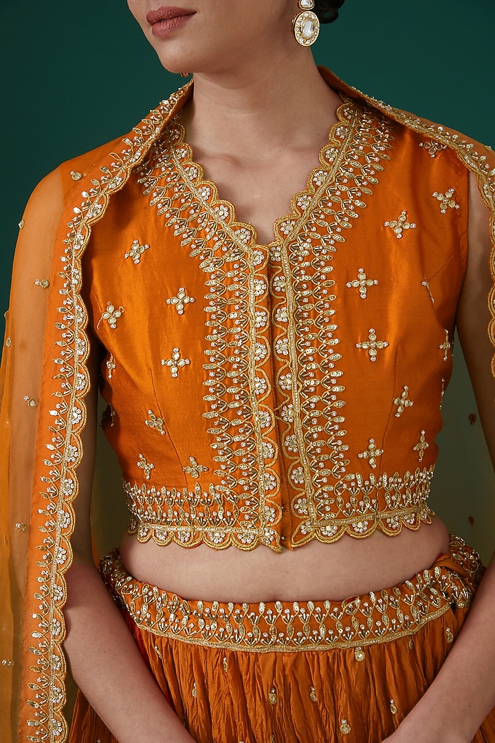 Orange Silk Embroidered Wedding Lehenga Set by SURBHI SHAH at Pernia's Pop Up Shop