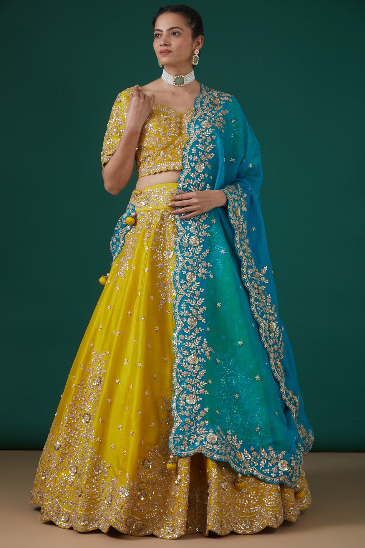 Light sky blue embroidered dupion silk unstitched lehenga with dupatta -  Fashion Selection - 2042495