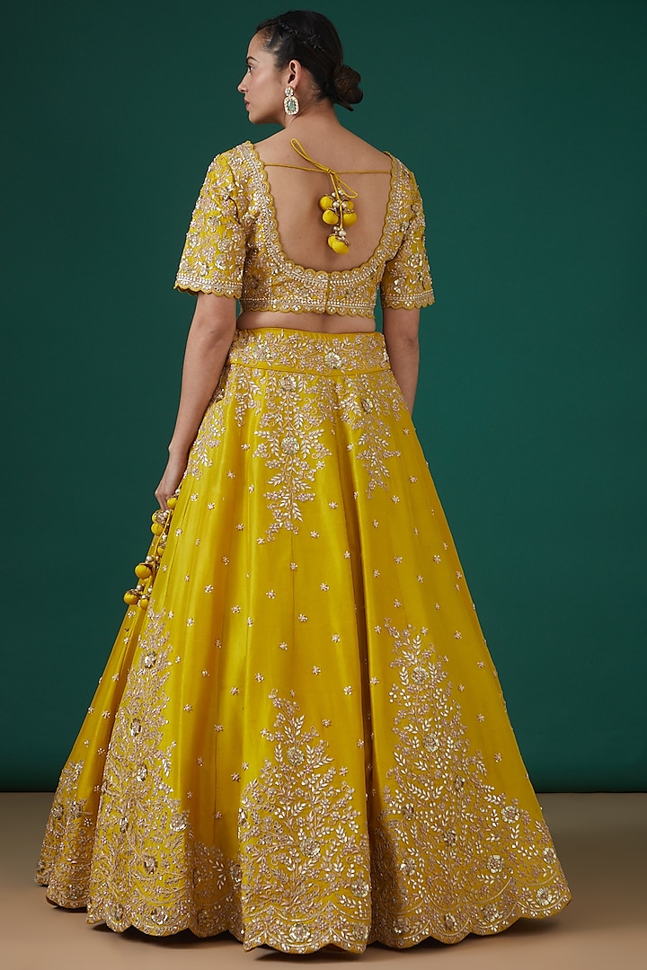 Mustard-Green Silk Embroidered Bridal Lehenga Set by SURBHI SHAH at Pernia's Pop Up Shop