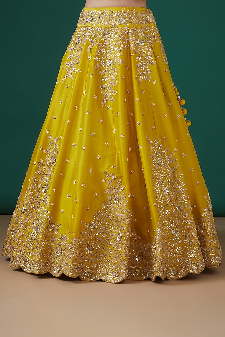 Mustard-Green Silk Embroidered Bridal Lehenga Set by SURBHI SHAH at Pernia's Pop Up Shop
