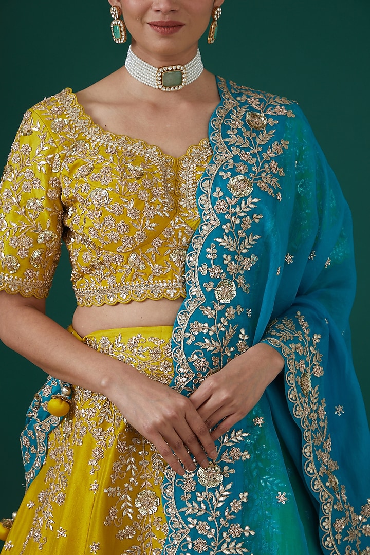 Mustard-Green Silk Embroidered Bridal Lehenga Set by SURBHI SHAH at Pernia's Pop Up Shop