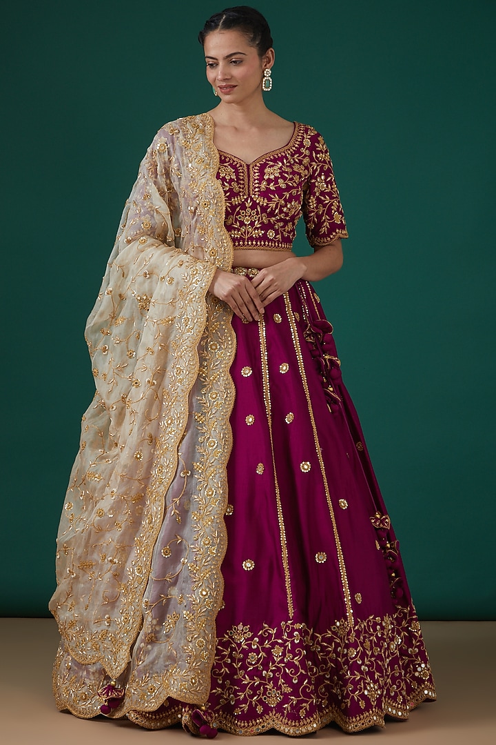 Magenta Silk Embroidered Wedding Lehenga Set by SURBHI SHAH at Pernia's Pop Up Shop