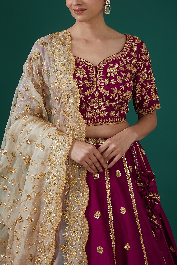 Magenta Silk Embroidered Wedding Lehenga Set by SURBHI SHAH at Pernia's Pop Up Shop