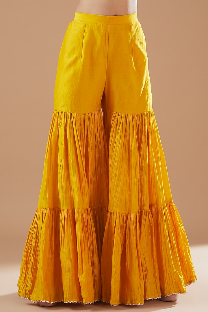 Mustard Yellow Crush Wedding Sharara Set by SURBHI SHAH at Pernia's Pop Up Shop