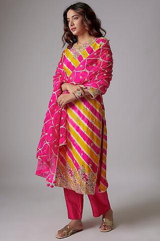 Rani Pink & Mustard Embroidered Leheriya Kurta Set by SURBHI SHAH