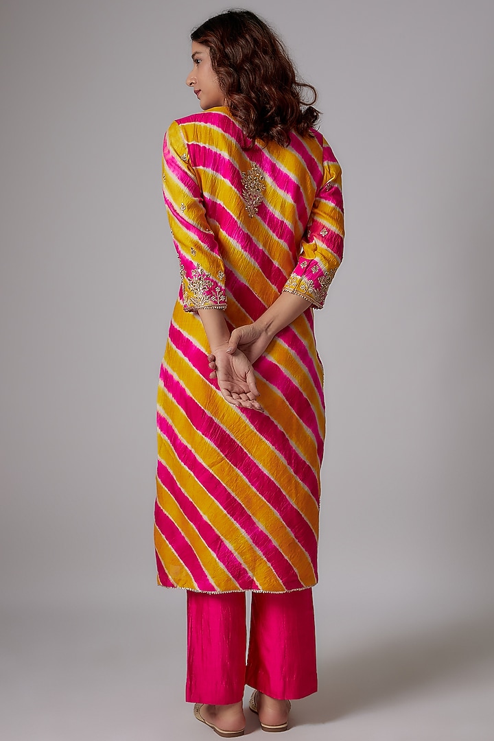 Rani Pink & Mustard Embroidered Leheriya Kurta Set by SURBHI SHAH at Pernia's Pop Up Shop