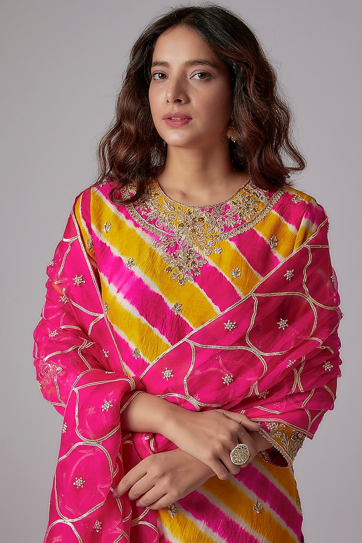 Rani Pink & Mustard Embroidered Leheriya Kurta Set by SURBHI SHAH at Pernia's Pop Up Shop
