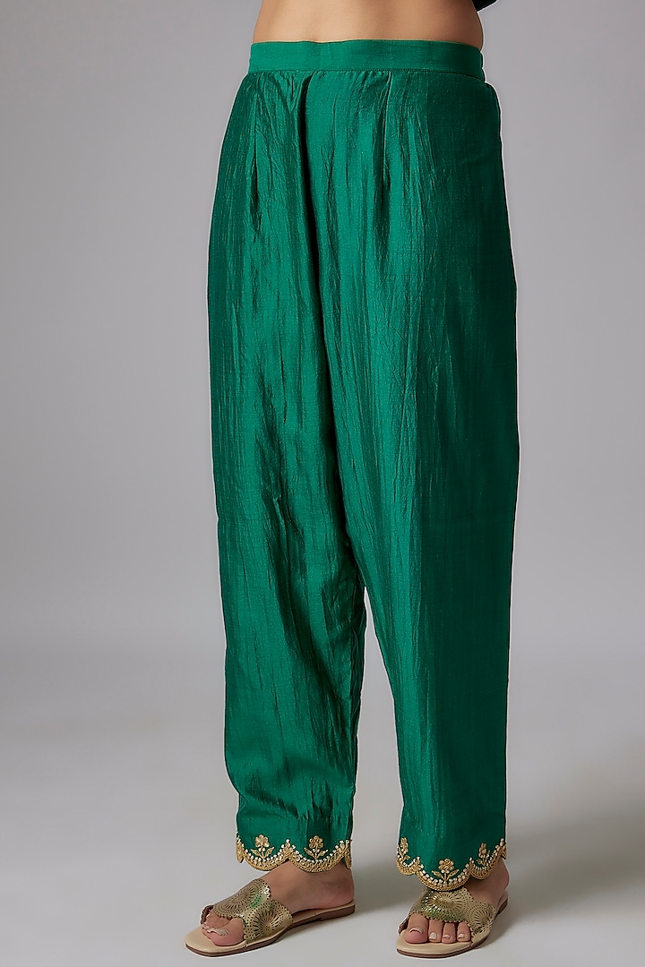 Emerald Green Pure Spun Silk Embroidered Angrakha Kurta Set by SURBHI SHAH at Pernia's Pop Up Shop