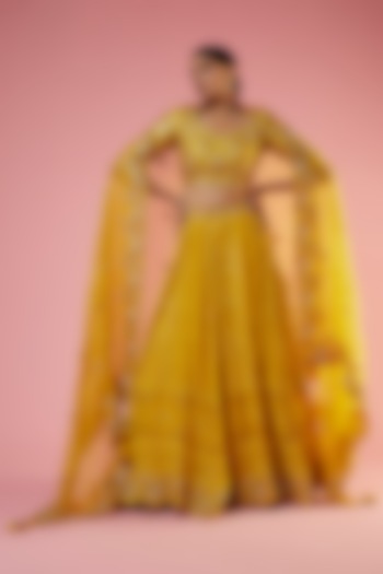 Yellow Georgette Lucknowi Embroidered Wedding Lehenga Set by SURBHI SHAH at Pernia's Pop Up Shop