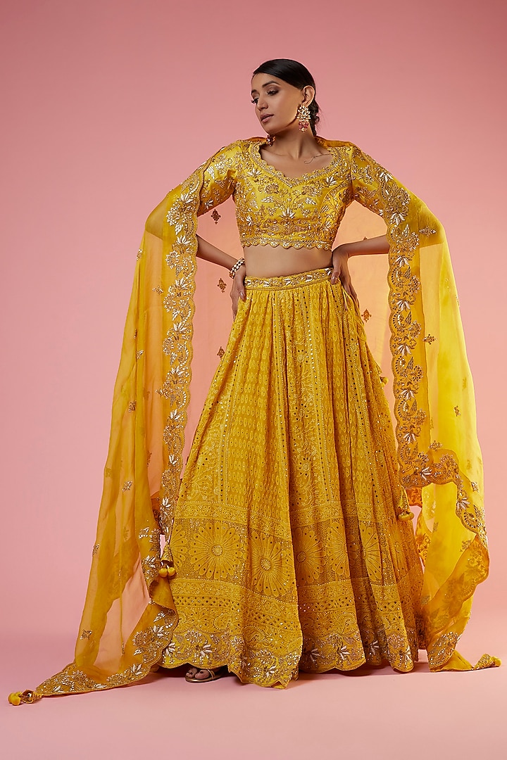 Yellow Georgette Lucknowi Embroidered Wedding Lehenga Set by SURBHI SHAH at Pernia's Pop Up Shop