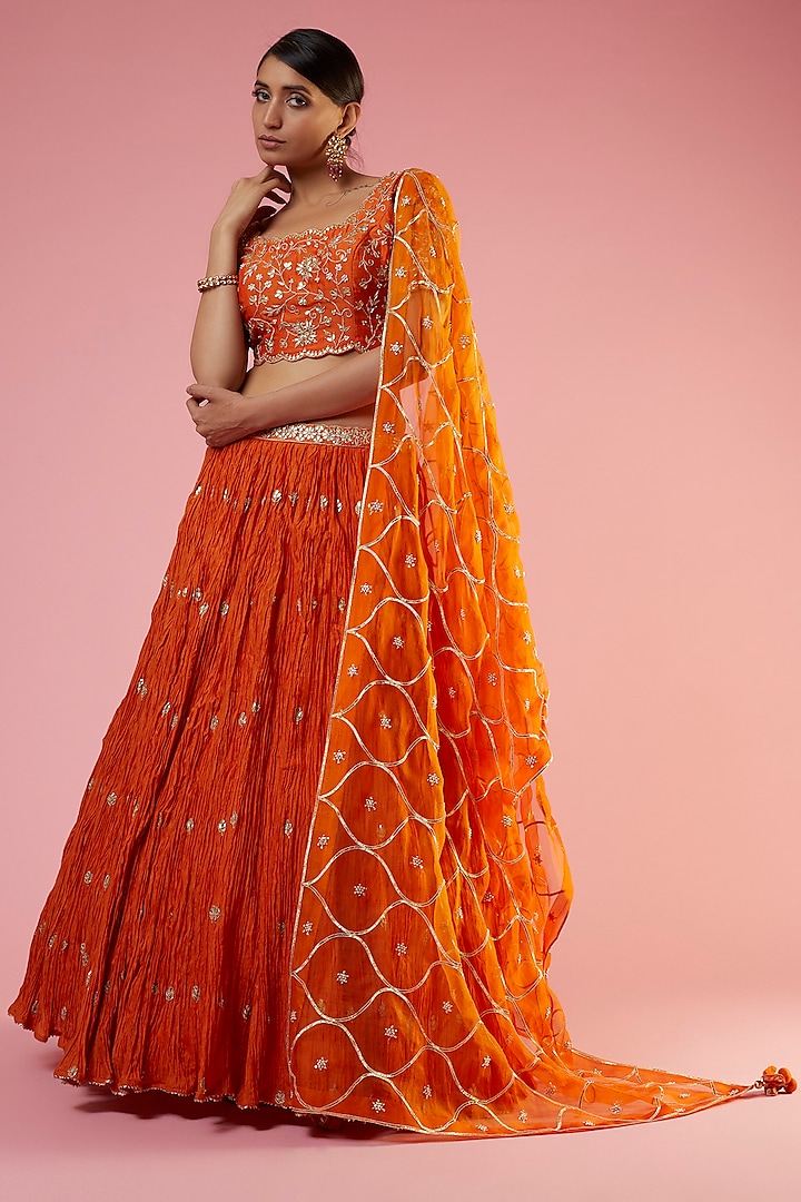 Orange Crush Embroidered Wedding Lehenga Set by SURBHI SHAH at Pernia's Pop Up Shop
