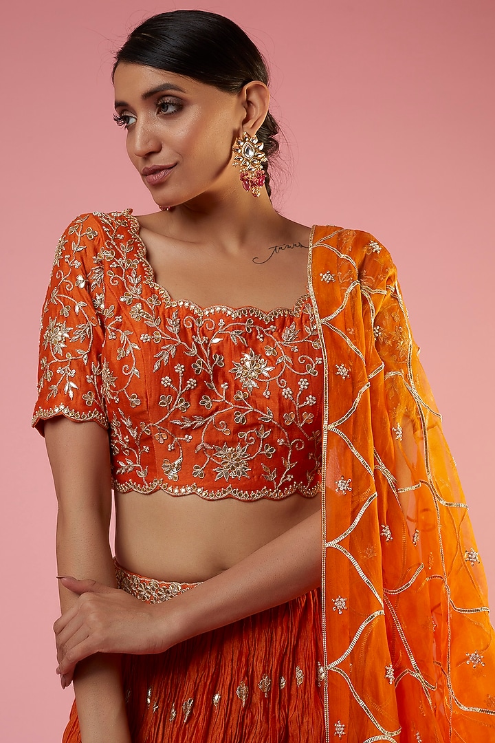 Orange Crush Embroidered Wedding Lehenga Set by SURBHI SHAH at Pernia's Pop Up Shop