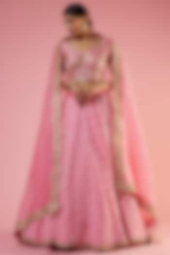 Pink Georgette Lucknowi Embroidered Wedding Lehenga Set by SURBHI SHAH at Pernia's Pop Up Shop