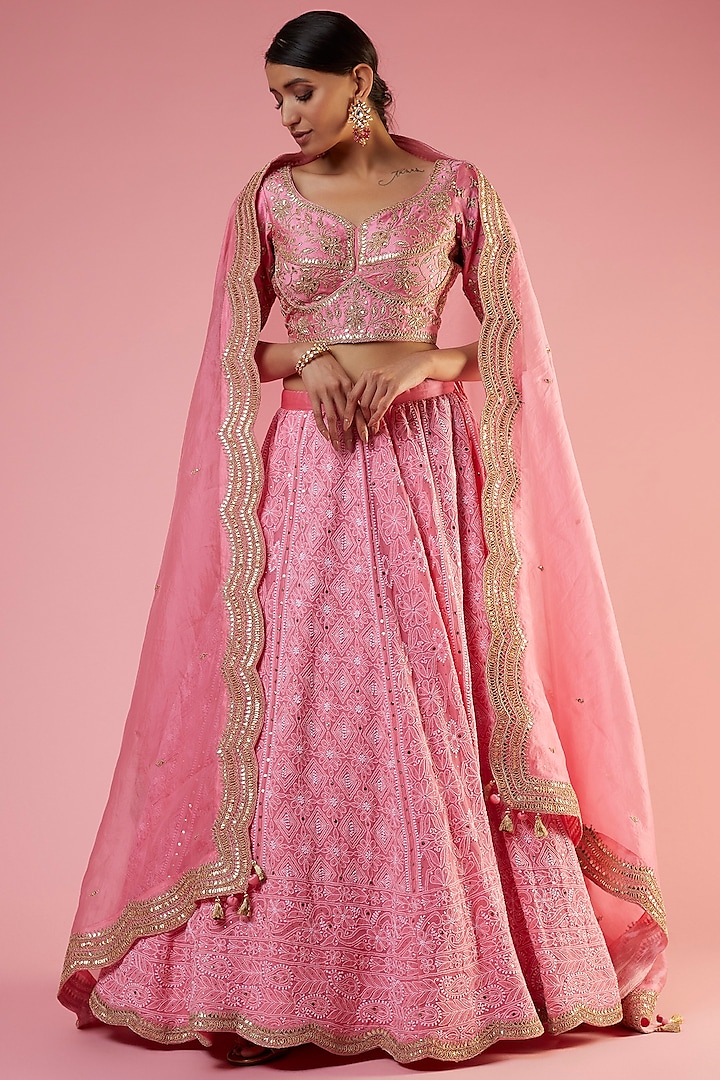 Pink Georgette Lucknowi Embroidered Lehenga Set by SURBHI SHAH