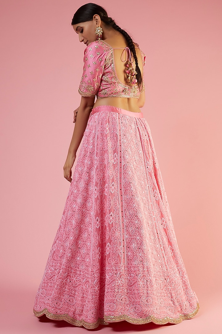 Pink Georgette Lucknowi Embroidered Wedding Lehenga Set by SURBHI SHAH at Pernia's Pop Up Shop