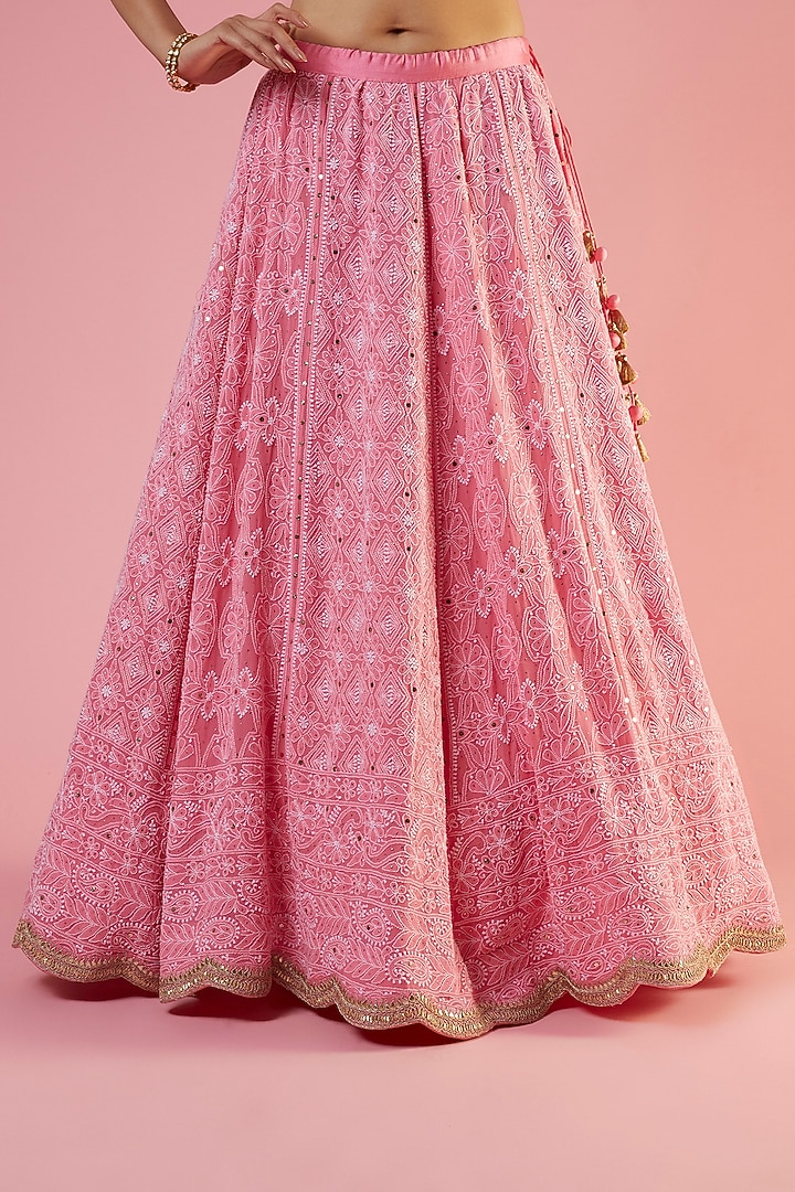 Pink Georgette Lucknowi Embroidered Wedding Lehenga Set by SURBHI SHAH at Pernia's Pop Up Shop