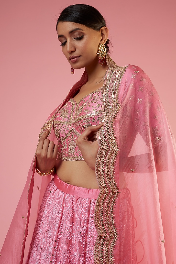 Pink Georgette Lucknowi Embroidered Wedding Lehenga Set by SURBHI SHAH at Pernia's Pop Up Shop
