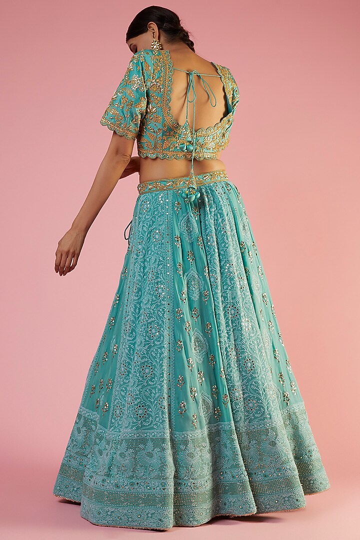 Sea Blue Georgette Lucknowi Embroidered Wedding Lehenga Set by SURBHI SHAH at Pernia's Pop Up Shop