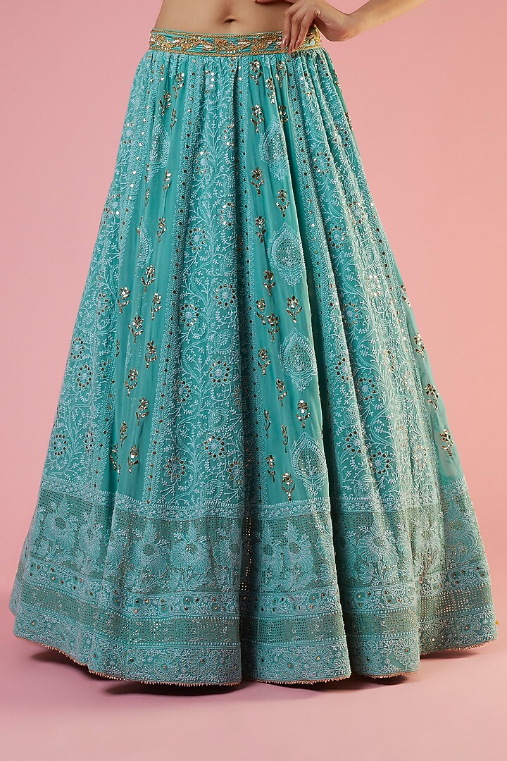Sea Blue Georgette Lucknowi Embroidered Wedding Lehenga Set by SURBHI SHAH at Pernia's Pop Up Shop