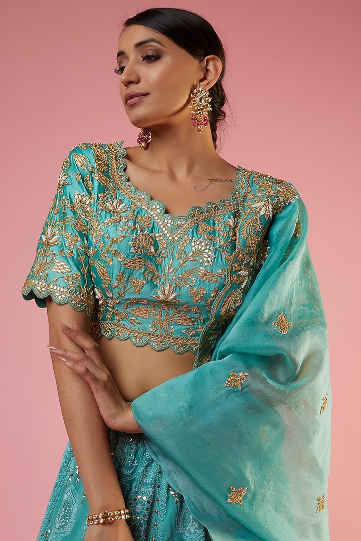 Sea Blue Georgette Lucknowi Embroidered Wedding Lehenga Set by SURBHI SHAH at Pernia's Pop Up Shop