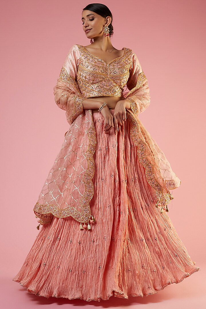 Peach Crush Embroidered Lehenga Set by SURBHI SHAH