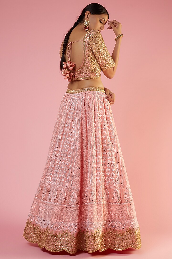 Peach Georgette Lucknowi Embroidered Bridal Lehenga Set by SURBHI SHAH at Pernia's Pop Up Shop