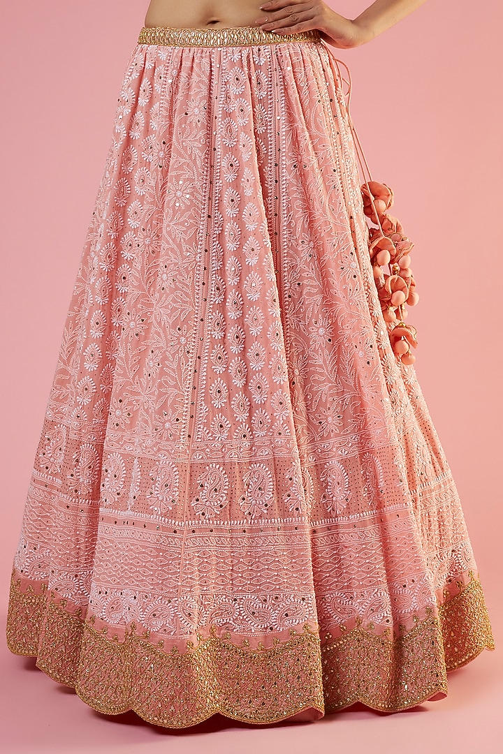 Peach Georgette Lucknowi Embroidered Bridal Lehenga Set by SURBHI SHAH at Pernia's Pop Up Shop