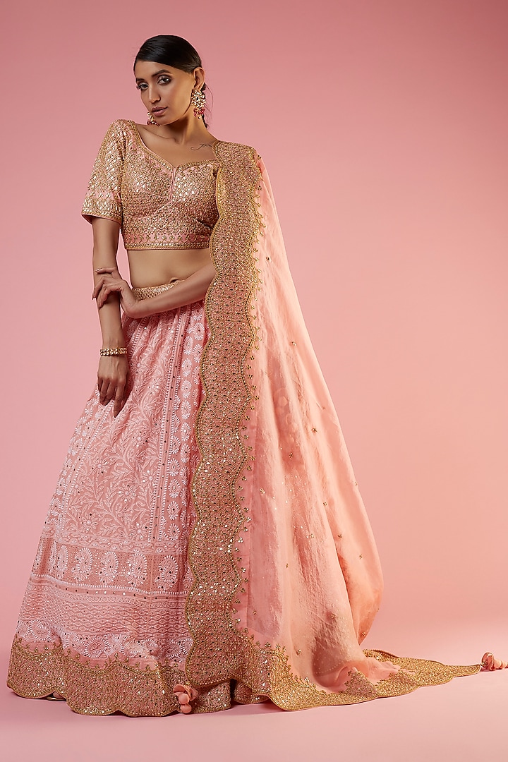 Peach Georgette Lucknowi Embroidered Lehenga Set by SURBHI SHAH