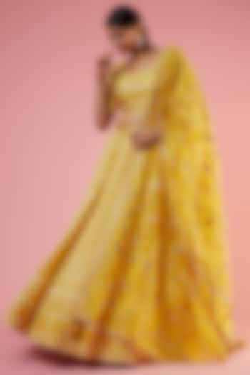 Yellow Georgette Lucknowi Embroidered Lehenga Set by SURBHI SHAH