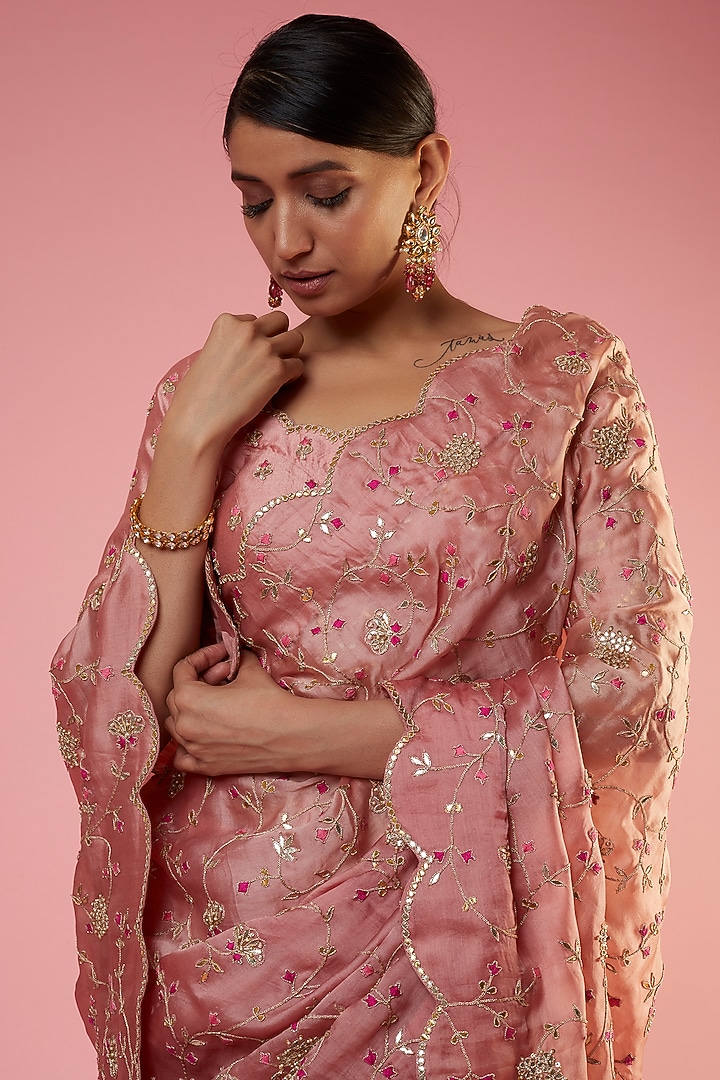 Rose Gold Satin Organza Hand Embroidered Reception Saree Set
by SURBHI SHAH at Pernia's Pop Up Shop
