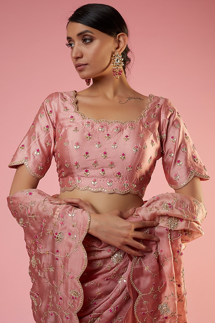 Rose Gold Satin Organza Hand Embroidered Reception Saree Set
by SURBHI SHAH at Pernia's Pop Up Shop