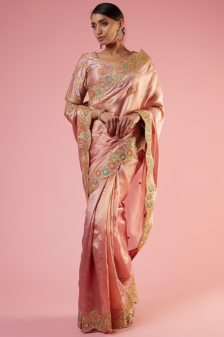 Rose Gold Kora Silk Hand Embroidered Saree Set
 by SURBHI SHAH