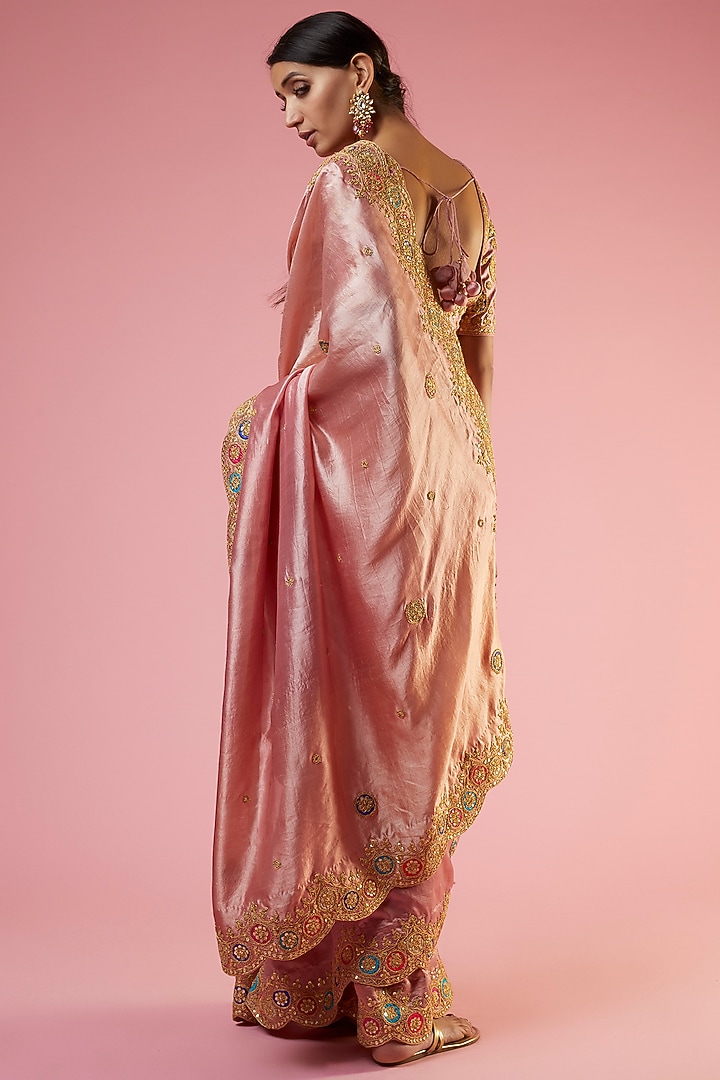 Rose Gold Kora Silk Hand Embroidered Reception Saree Set by SURBHI SHAH at Pernia's Pop Up Shop
