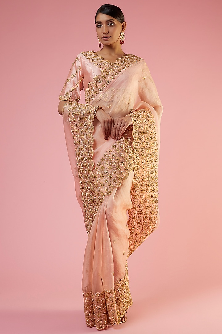 Peach Organza Embroidered Saree Set by SURBHI SHAH