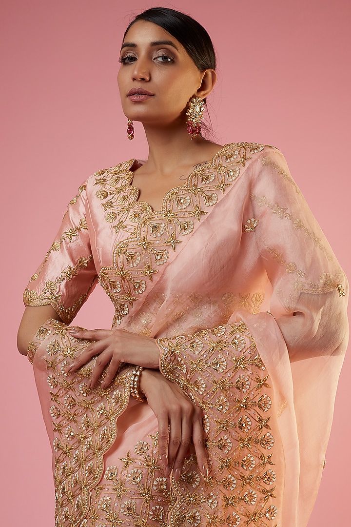 Peach Organza Embroidered Reception Saree Set by SURBHI SHAH at Pernia's Pop Up Shop